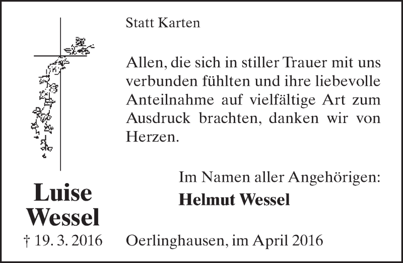  Traueranzeige für Luise Wessel vom 25.04.2016 aus Lippische Landes-Zeitung