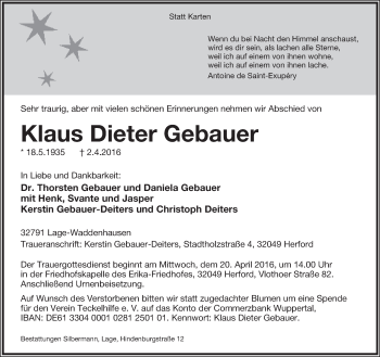 Anzeige  Klaus Dieter Gebauer  Lippische Landes-Zeitung