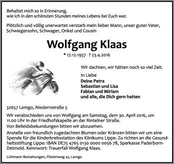 Anzeige  Wolfgang Klaas  Lippische Landes-Zeitung