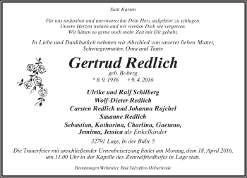 Anzeige  Gertrud Redlich  Lippische Landes-Zeitung