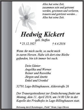 Anzeige  Hedwig Kickert  Lippische Landes-Zeitung