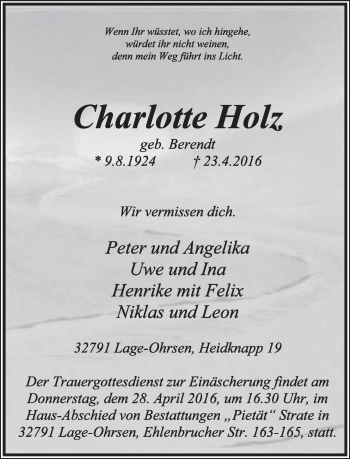 Anzeige  Charlotte Holz  Lippische Landes-Zeitung
