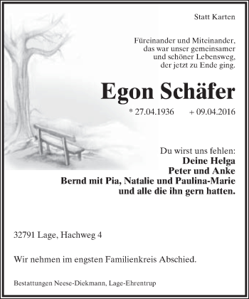Anzeige  Egon Schäfer  Lippische Landes-Zeitung