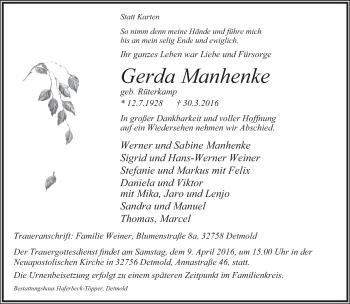 Anzeige  Gerda Manhenke  Lippische Landes-Zeitung