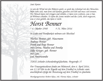Anzeige  Horst Benner  Lippische Landes-Zeitung