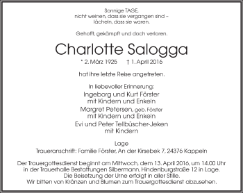 Anzeige  Charlotte Salogga  Lippische Landes-Zeitung