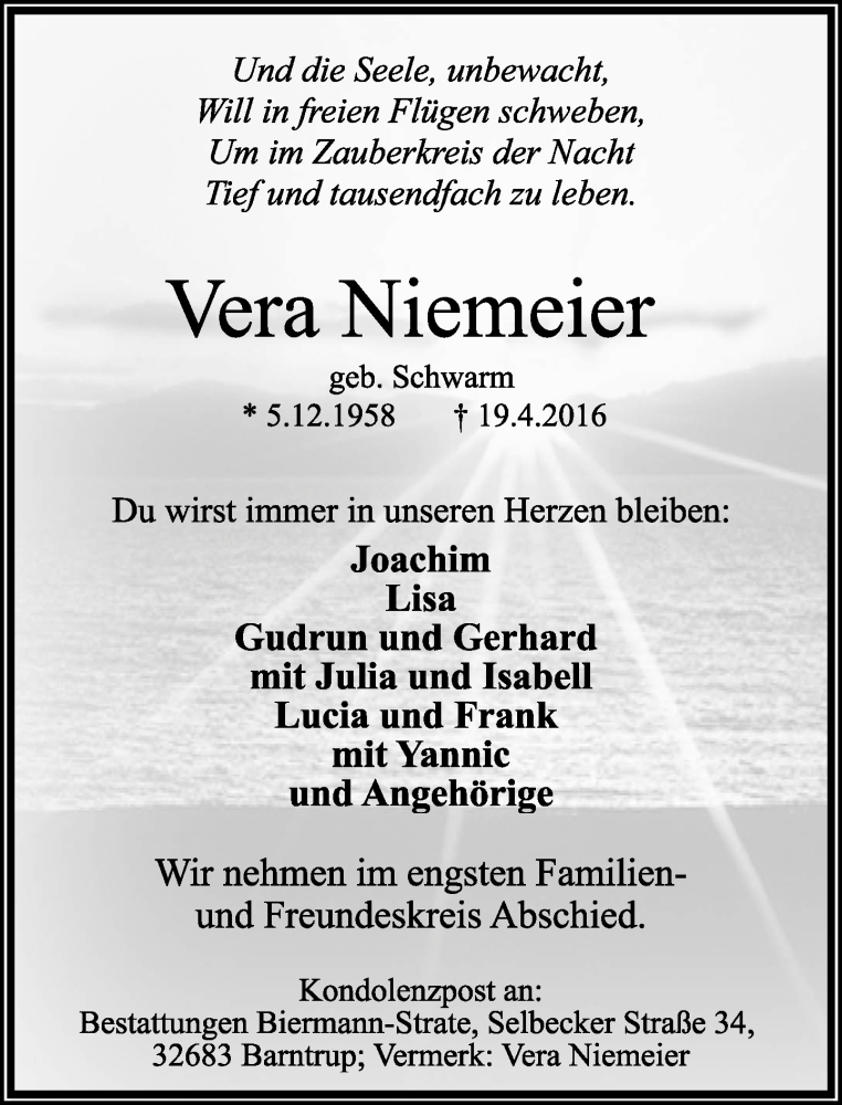  Traueranzeige für Vera Niemeier vom 23.04.2016 aus Lippische Landes-Zeitung