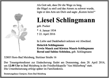 Anzeige  Liesel Schlingmann  Lippische Landes-Zeitung