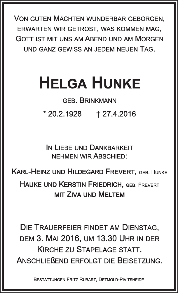  Traueranzeige für Helga Hunke vom 30.04.2016 aus Lippische Landes-Zeitung