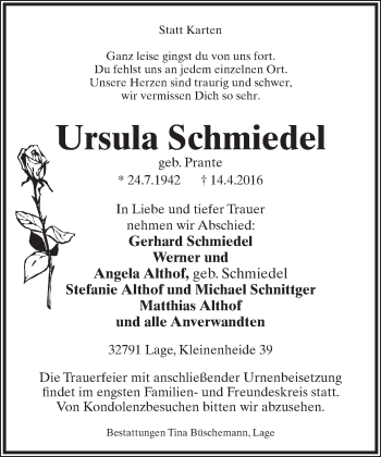 Anzeige  Ursula Schmiedel  Lippische Landes-Zeitung