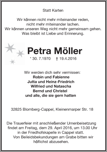 Anzeige  Petra Möller  Lippische Landes-Zeitung