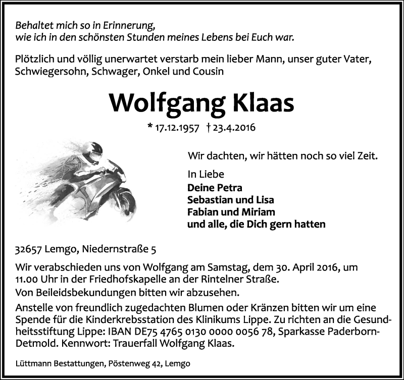  Traueranzeige für Wolfgang Klaas vom 27.04.2016 aus Lippische Landes-Zeitung