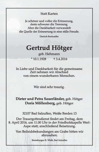 Anzeige  Gertrud Hötger  Lippische Landes-Zeitung