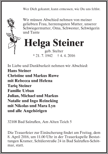 Anzeige  Helga Steiner  Lippische Landes-Zeitung