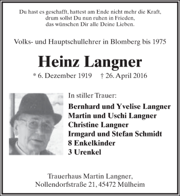 Anzeige  Heinz Langner  Lippische Landes-Zeitung