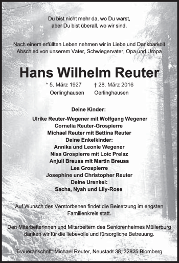 Anzeige  Hans Wilhelm Reuter  Lippische Landes-Zeitung