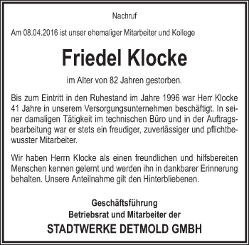 Anzeige  Friedel Klocke  Lippische Landes-Zeitung