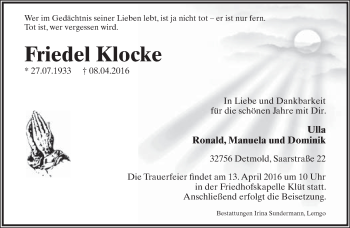 Anzeige  Friedel Klocke  Lippische Landes-Zeitung