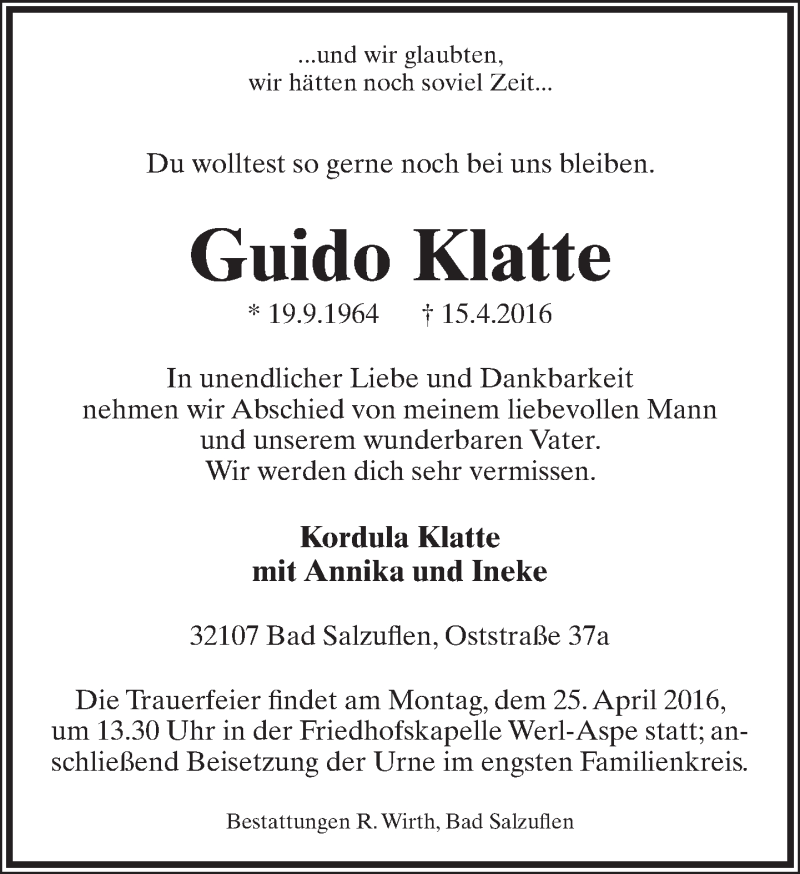  Traueranzeige für Guido Klatte vom 18.04.2016 aus Lippische Landes-Zeitung