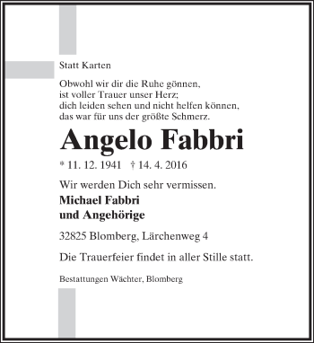 Anzeige  Angelo Fabbri  Lippische Landes-Zeitung