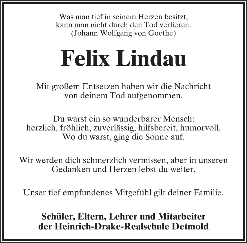  Traueranzeige für Felix Lindau vom 16.04.2016 aus Lippische Landes-Zeitung