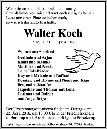 Anzeige  Walter Koch  Lippische Landes-Zeitung