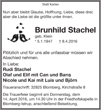 Anzeige  Brunhild Stachel  Lippische Landes-Zeitung