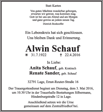 Anzeige  Alwin Schauf  Lippische Landes-Zeitung