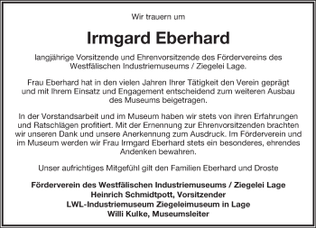 Anzeige  Irmgard Eberhard  Lippische Landes-Zeitung