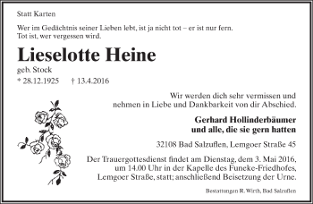 Anzeige  Lieselotte Heine  Lippische Landes-Zeitung