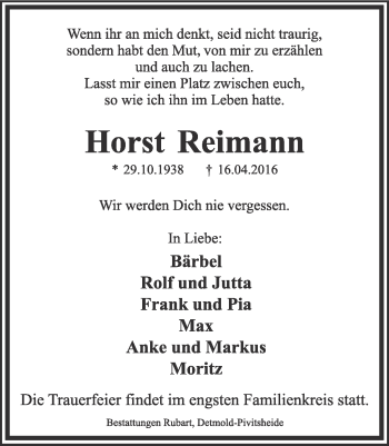 Anzeige  Horst Reimann  Lippische Landes-Zeitung