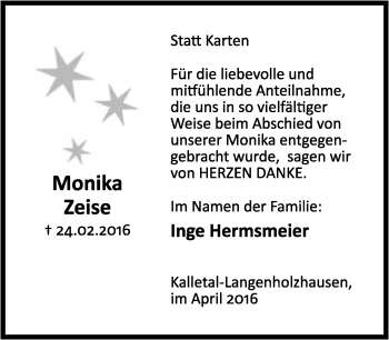 Anzeige  Monika Zeise  Lippische Landes-Zeitung