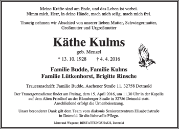 Anzeige  Käthe Kulms  Lippische Landes-Zeitung