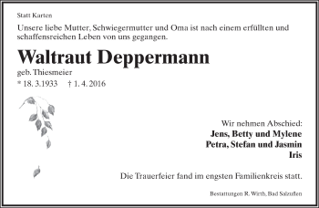 Anzeige  Waltraut Deppermann  Lippische Landes-Zeitung