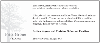 Anzeige  Fritz Gröne  Lippische Landes-Zeitung