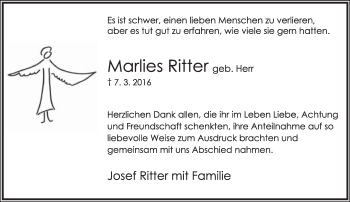 Anzeige  Marlies Ritter  Lippische Landes-Zeitung