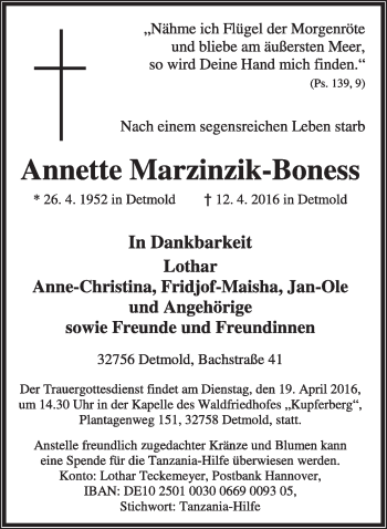 Anzeige  Annette Marzinzik-Boness  Lippische Landes-Zeitung