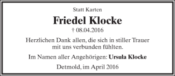 Anzeige  Friedel Klocke  Lippische Landes-Zeitung