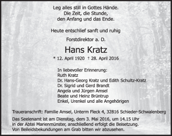 Anzeige  Hans Kratz  Lippische Landes-Zeitung
