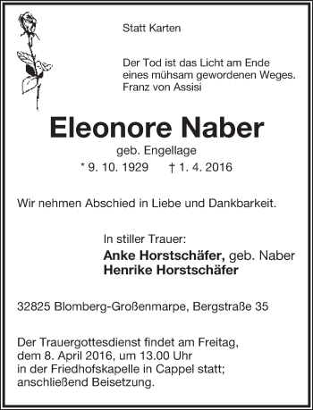 Anzeige  Eleonore Naber  Lippische Landes-Zeitung