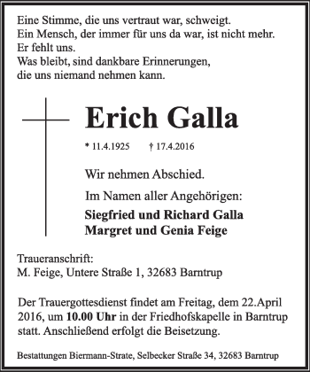 Anzeige  Erich Galla  Lippische Landes-Zeitung