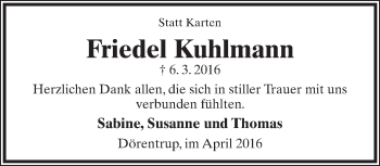 Anzeige  Friedel Kuhlmann  Lippische Landes-Zeitung