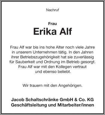 Anzeige  Erika Alf  Lippische Landes-Zeitung
