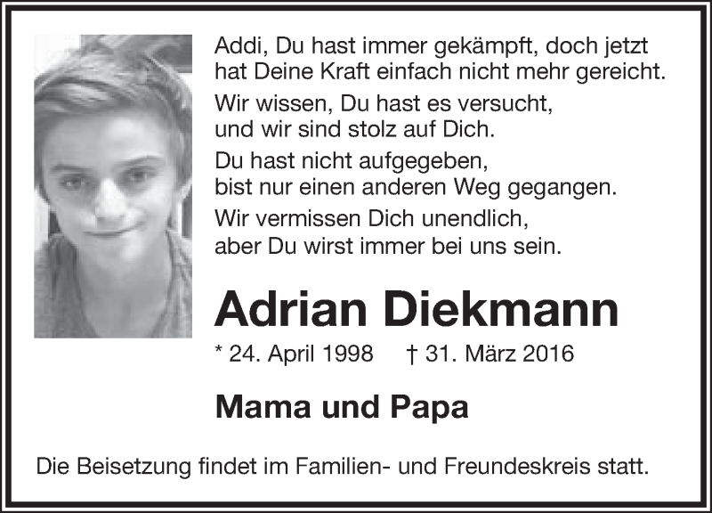  Traueranzeige für Adrian Diekmann vom 02.04.2016 aus Lippische Landes-Zeitung