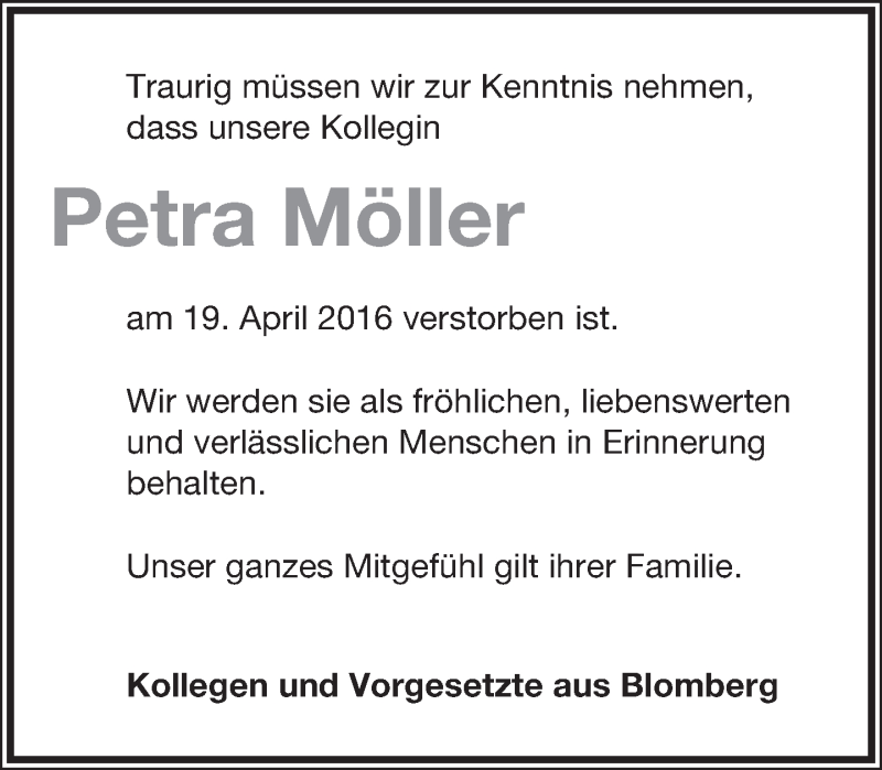  Traueranzeige für Petra Möller vom 26.04.2016 aus Lippische Landes-Zeitung
