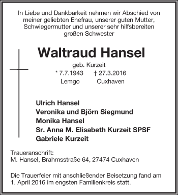 Anzeige  Waltraud Hansel  Lippische Landes-Zeitung
