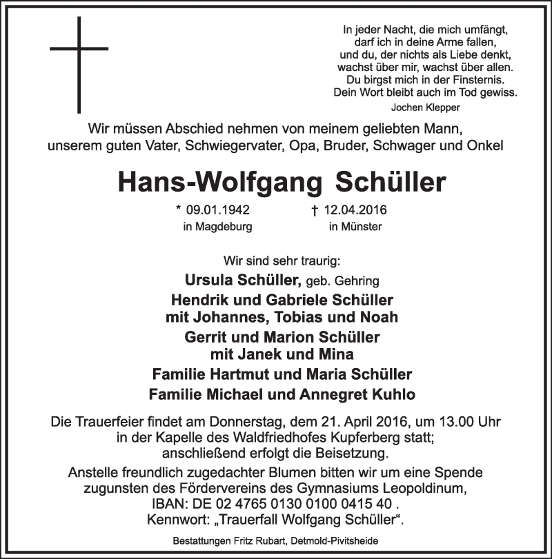  Traueranzeige für Hans-Wolfgang Schüller vom 16.04.2016 aus Lippische Landes-Zeitung