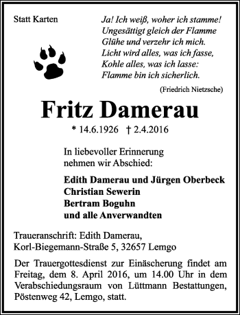 Anzeige  Fritz Damerau  Lippische Landes-Zeitung