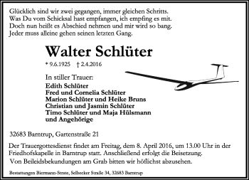 Anzeige  Walter Schlüter  Lippische Landes-Zeitung