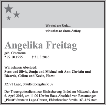 Anzeige  Angelika Freitag  Lippische Landes-Zeitung
